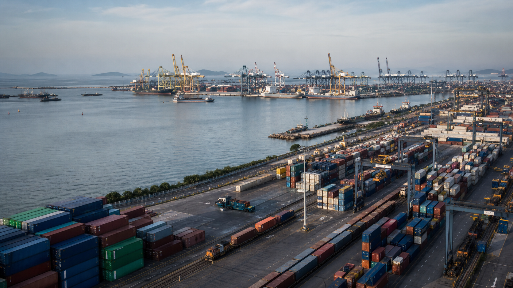 Working container port and freight infrastructure representing regional trade conditions in Southeast Asia.