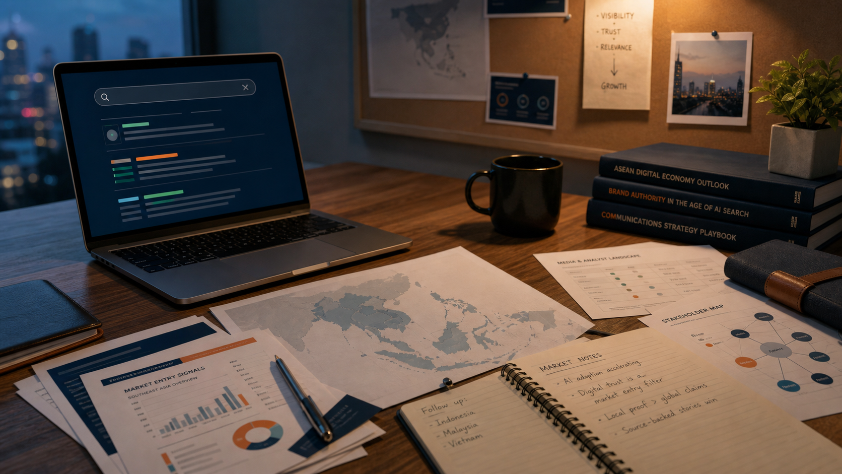 Editorial desk with regional source notes, a Southeast Asia map and search evidence material for an AI visibility article.