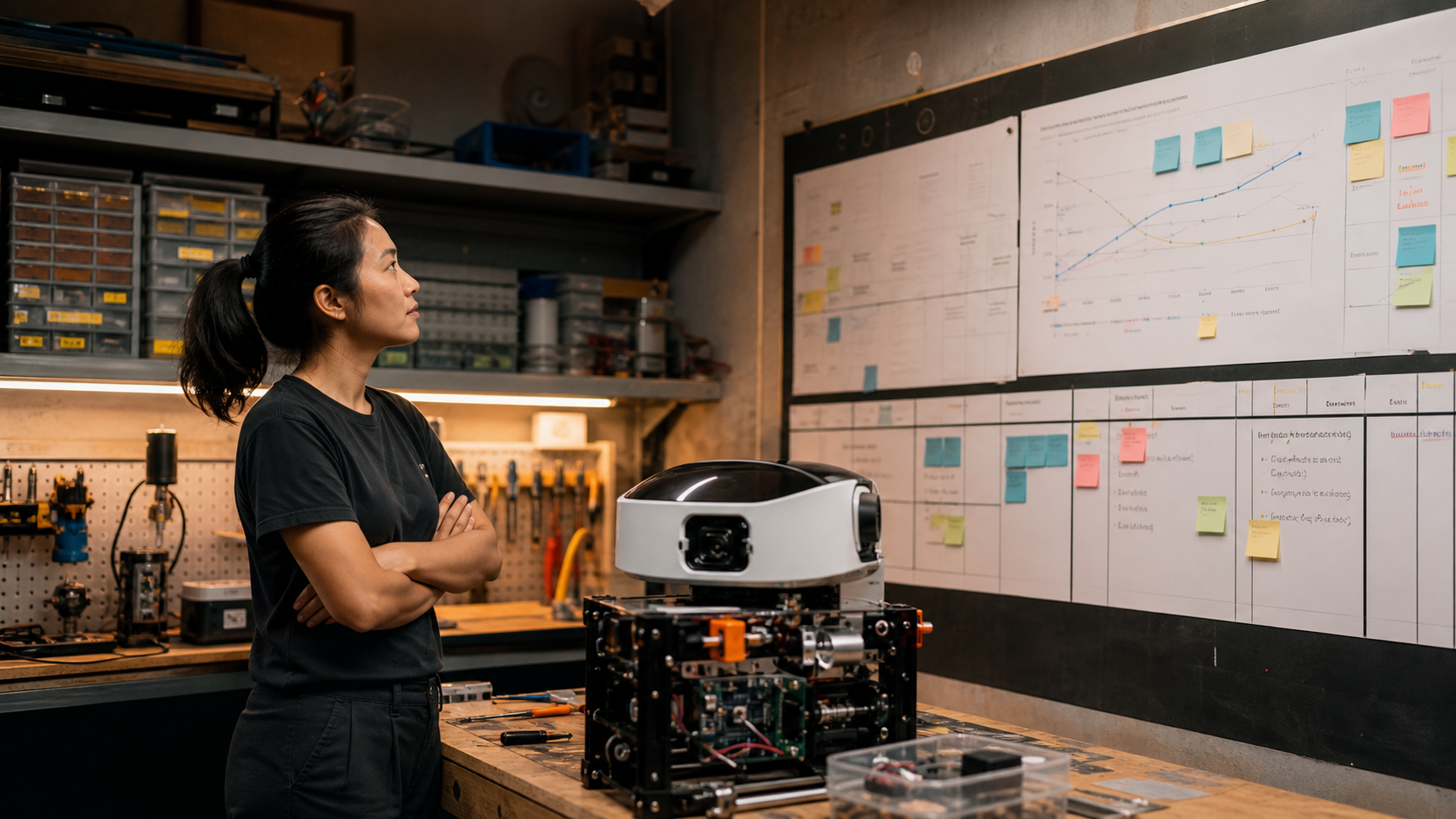 AI-generated editorial illustration of a startup founder reviewing a hardware prototype and financing plan
