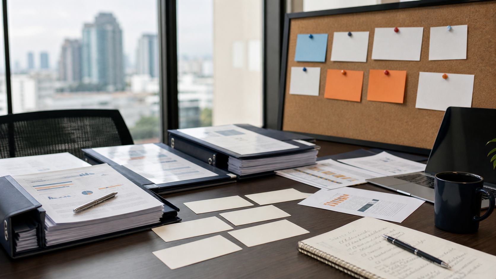 Workplace reading and source-review materials on a table.