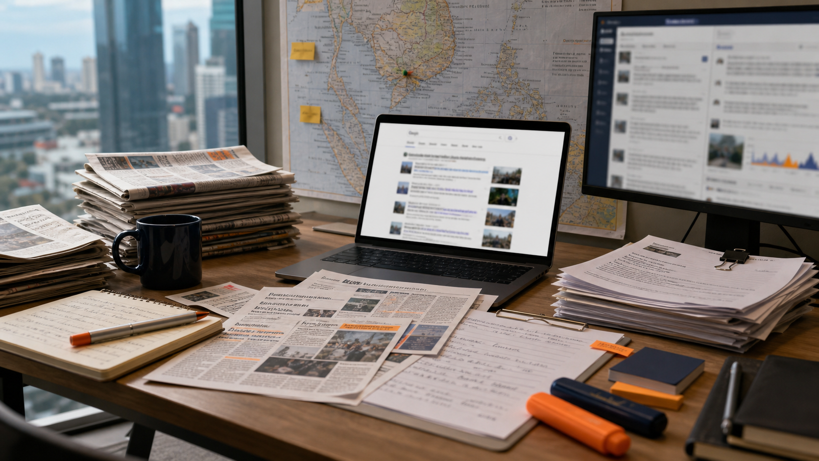 Editorial newsroom desk with Southeast Asia map, press clippings, source notes and blurred media-monitoring screens.