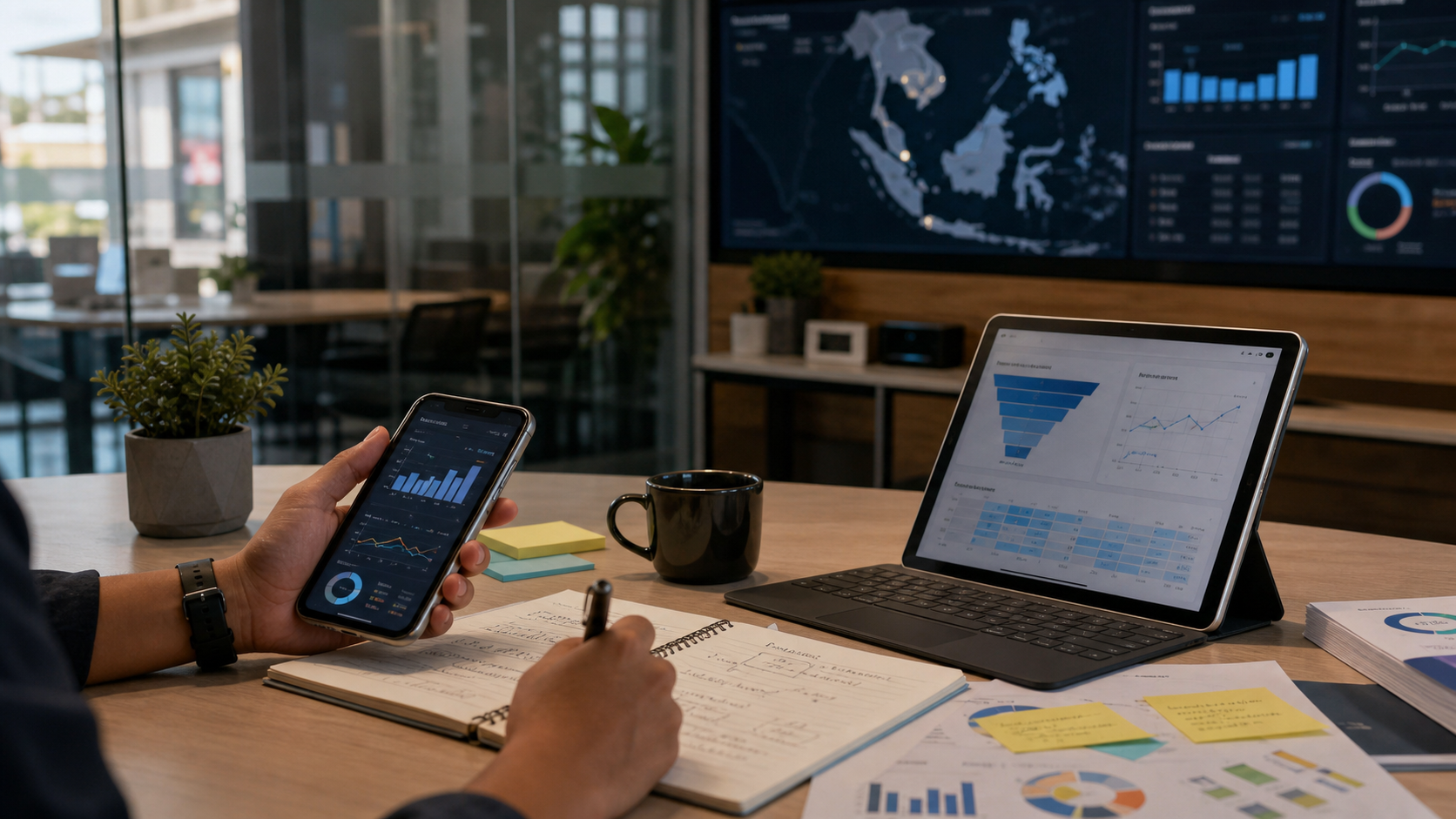 Finance-app dashboard on a desk, used as editorial context for Grab closing its Stash acquisition.