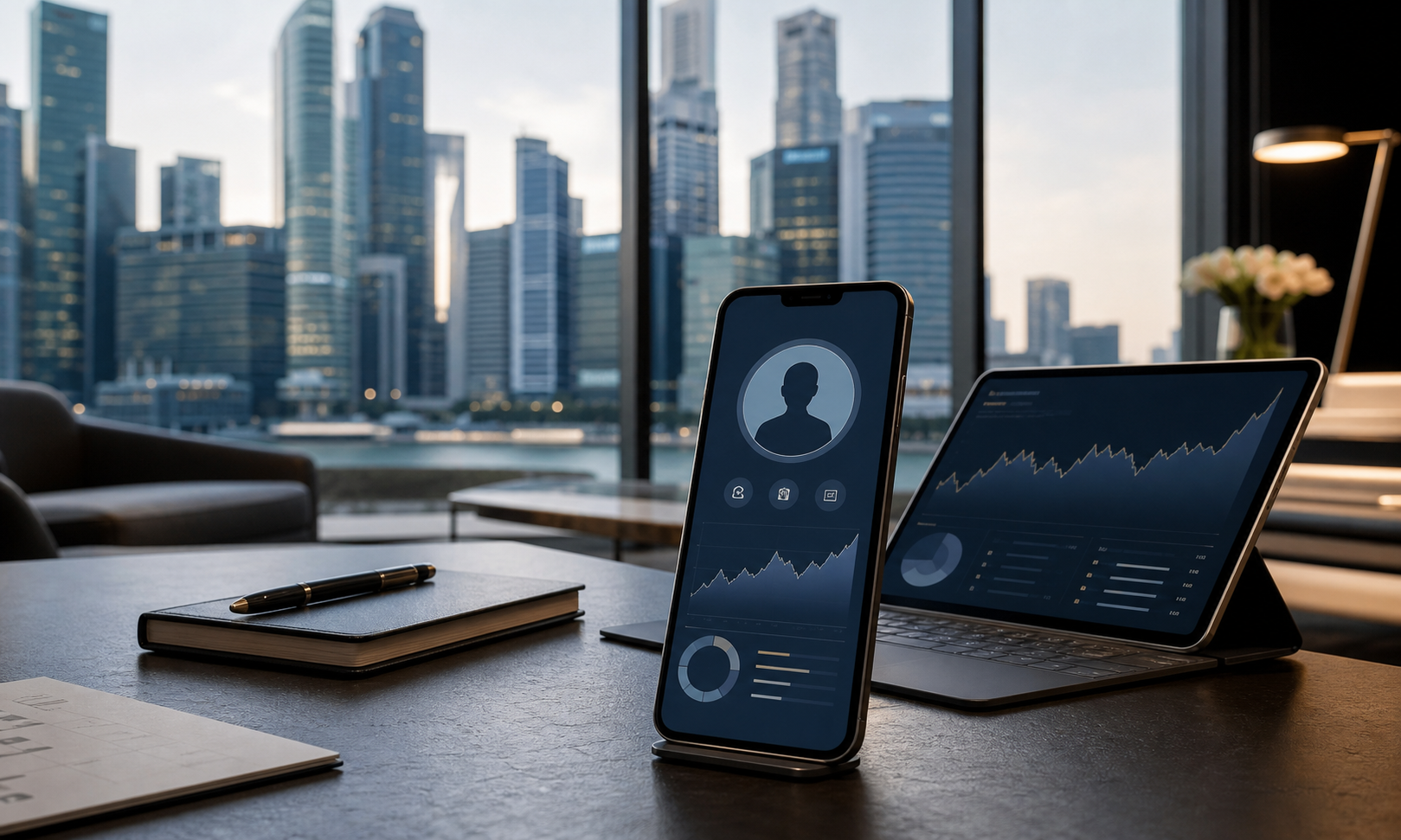 Photo-style image of a wealth banking app context on a phone and tablet in a Singapore financial office.