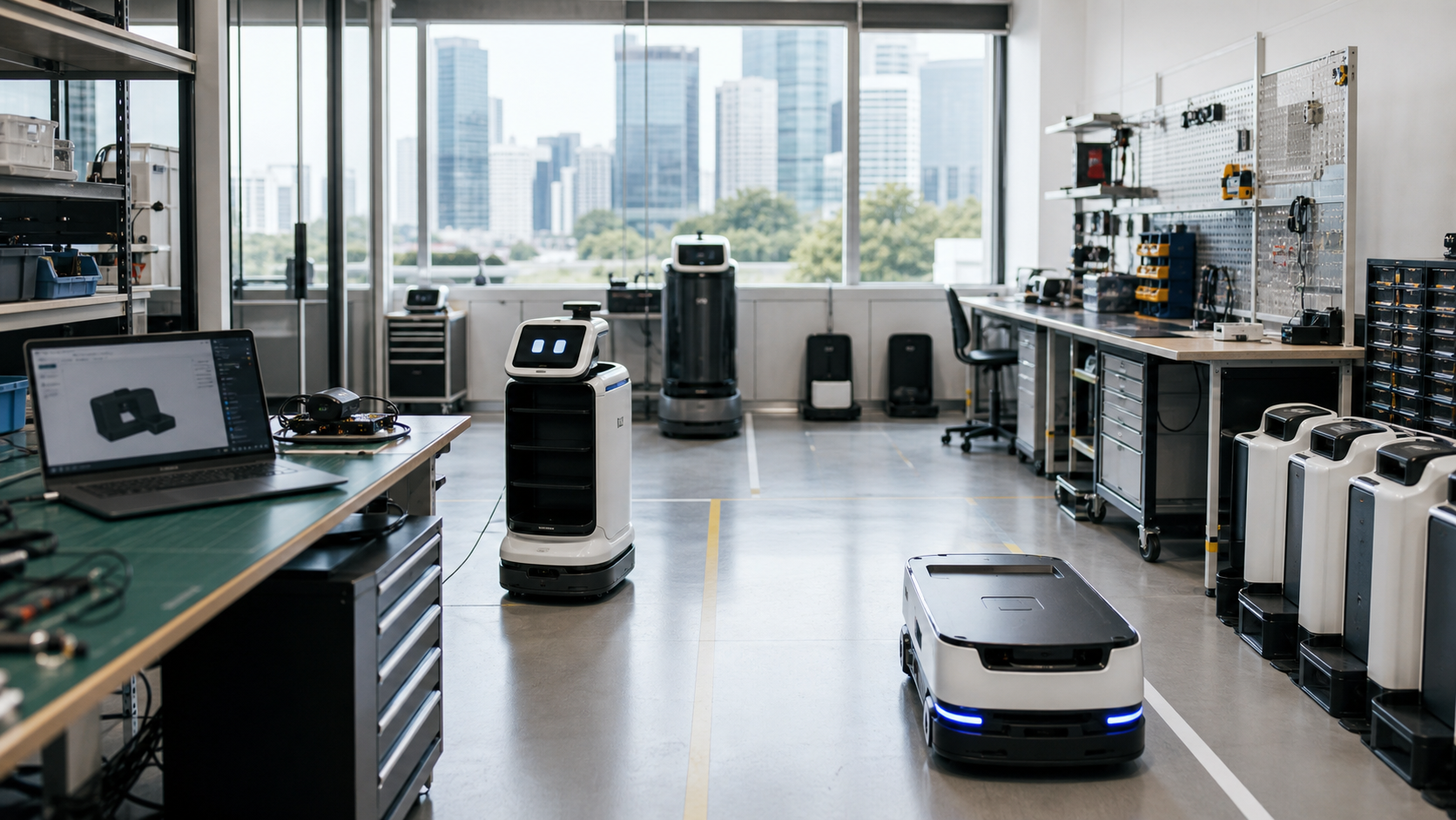Compact service robots in a Singapore robotics test workspace.