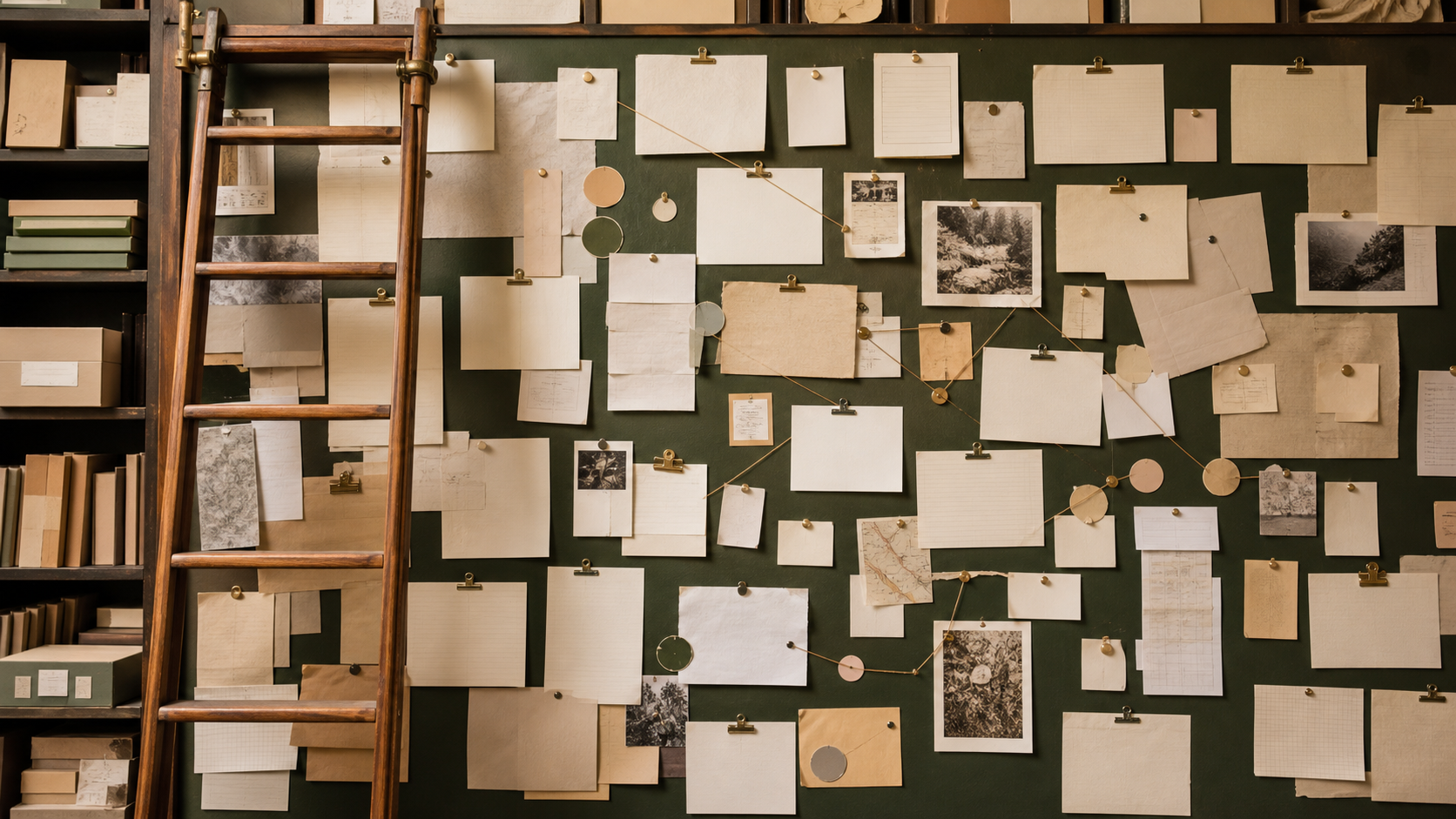 An editorial research archive wall with blank source cards, clipped printouts and evidence paths.