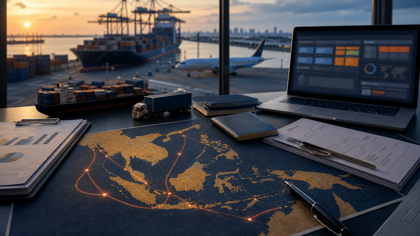 Port, airport and logistics documents used to illustrate Southeast Asia infrastructure services.