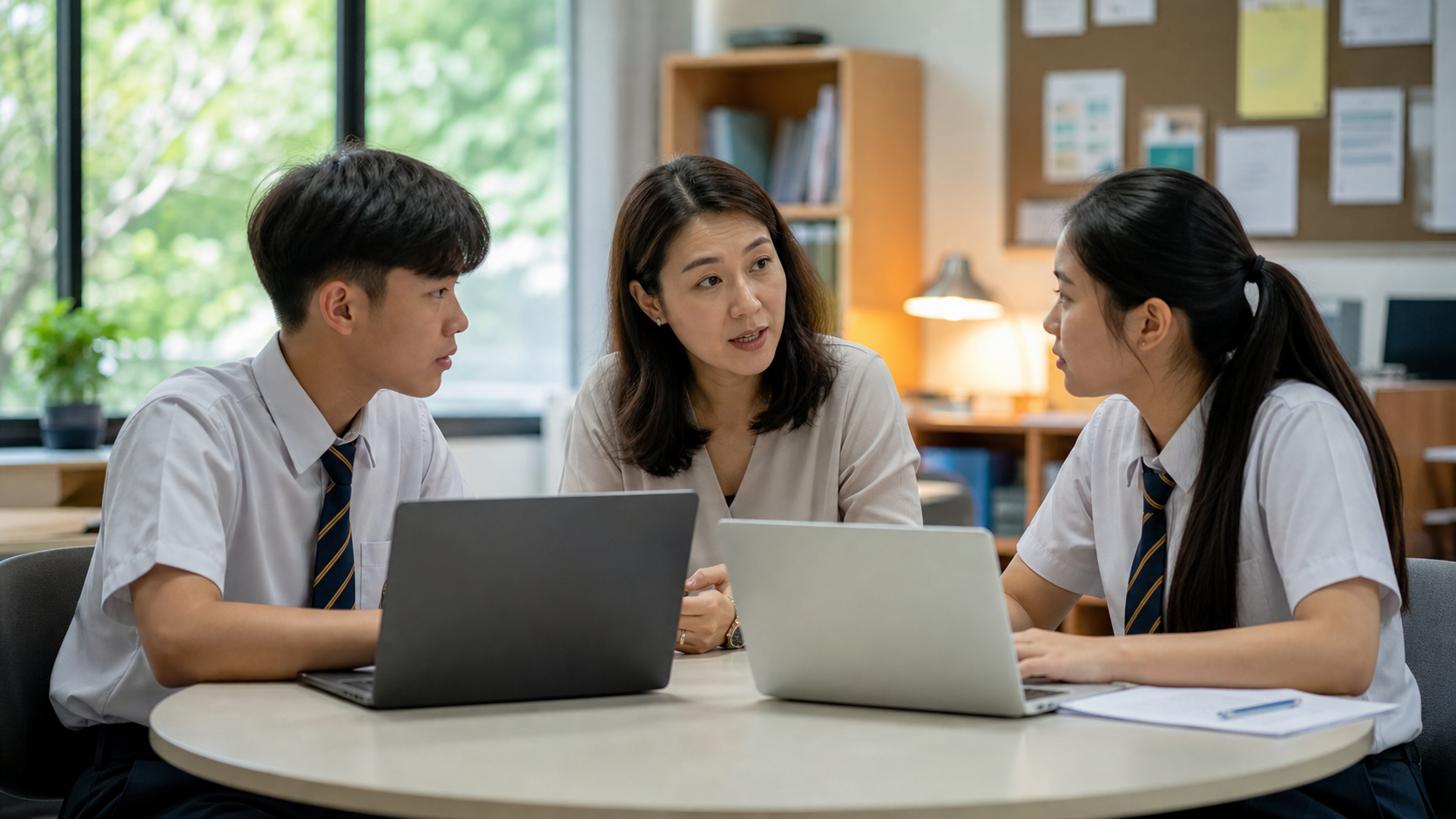 Editorial raster image of a counsellor and student planning university applications.