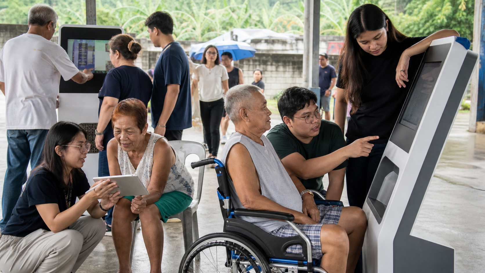 Editorial raster image of community members testing practical smart-community services.