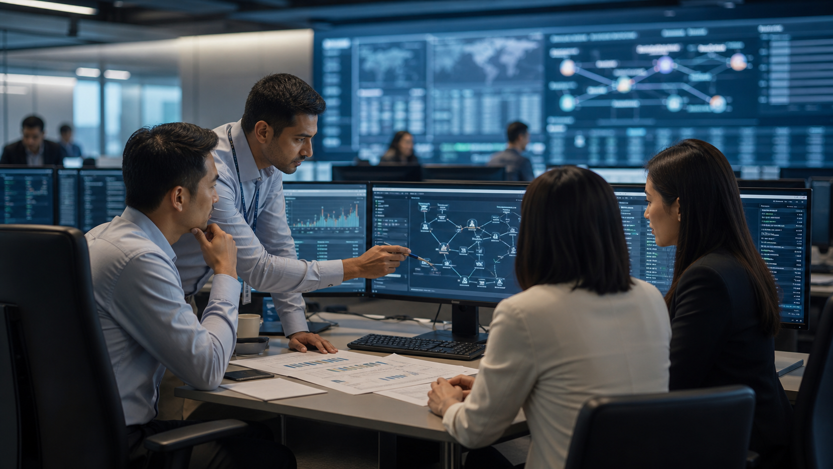 Corporate banking operations team reviews transaction-banking workflows and payment infrastructure screens.