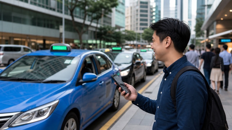 Illustrative scene of a Singapore commuter matching with a metered taxi through a mobile booking service.