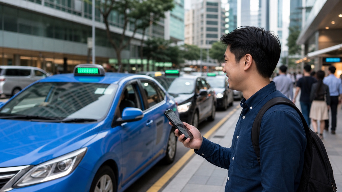 Illustrative scene of a Singapore commuter matching with a metered taxi through a mobile booking service.