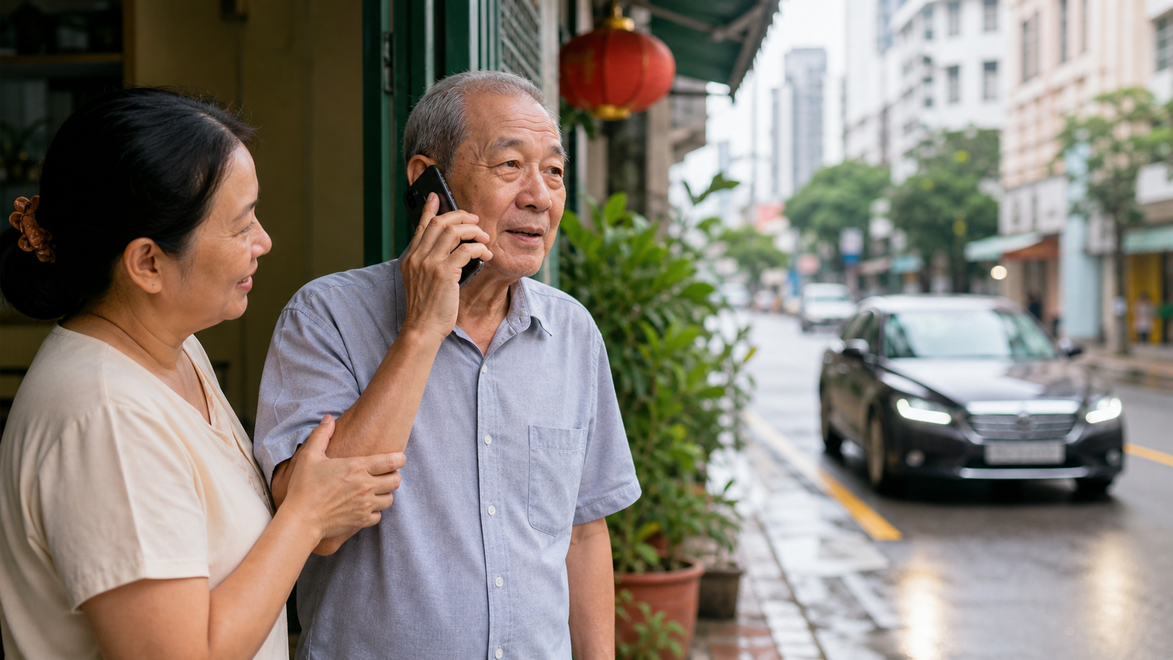 Editorial raster image of an older rider using phone booking beside a Southeast Asian pick-up point.