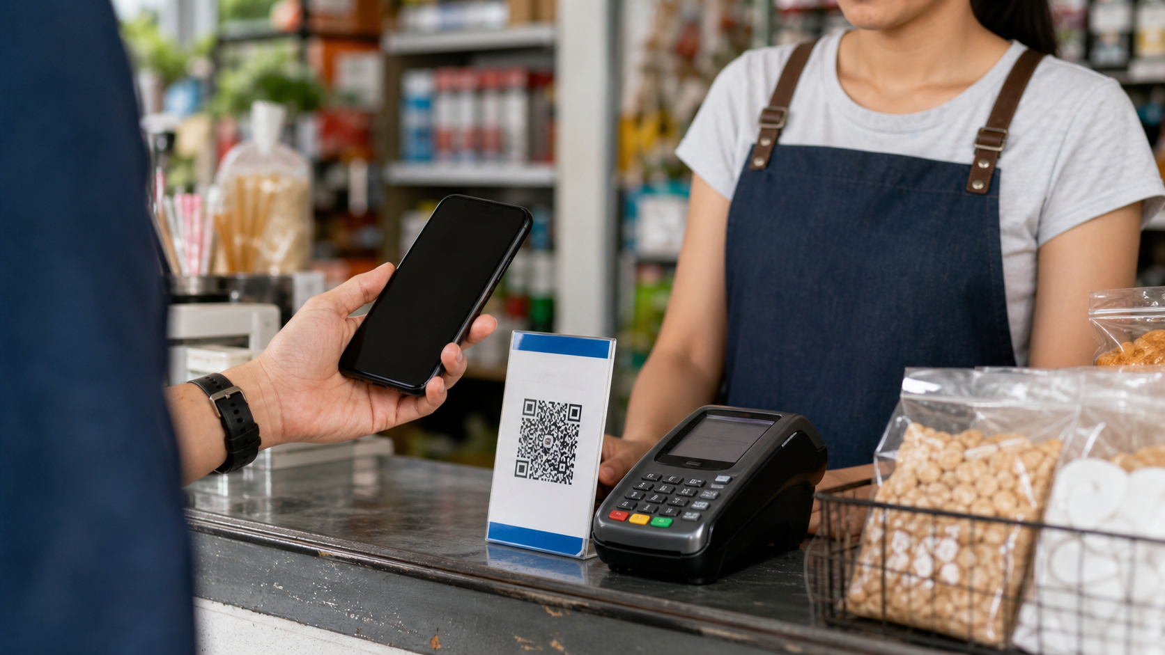 Shopper pays by phone at a Southeast Asian merchant counter with a QR payment stand and card terminal.