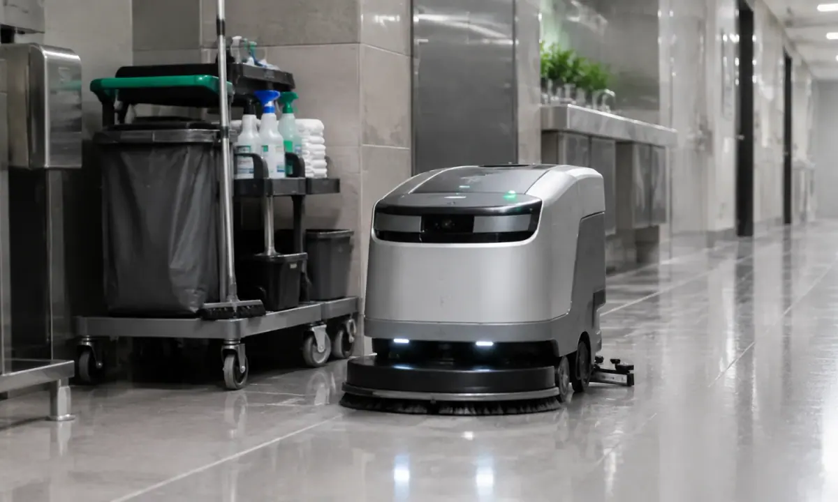 An unbranded autonomous cleaning robot operating beside a facilities-management cart.