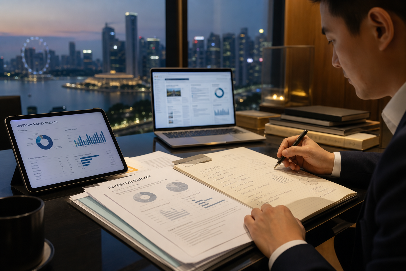 Investor survey papers, finance charts and adviser workflow notes on a Singapore wealth desk.