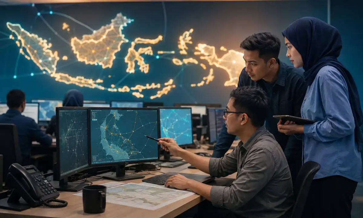 Indonesian network engineers review fibre routes and shared infrastructure capacity across the archipelago.