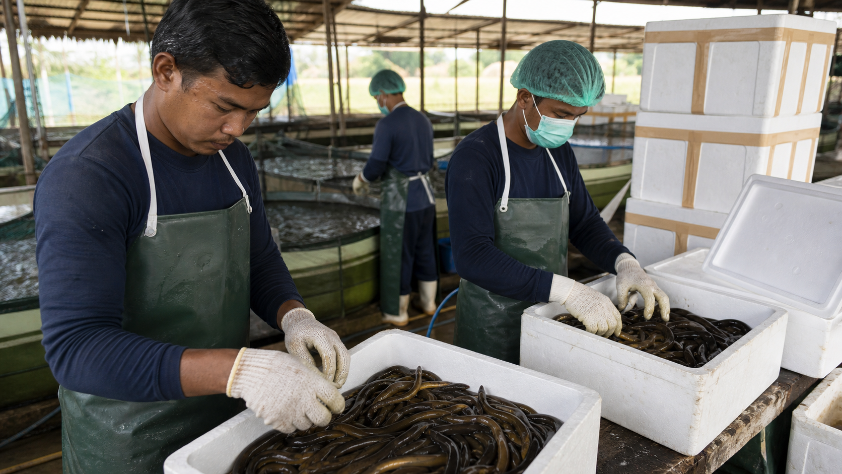 Indonesian aquaculture workers sort live rice-field eels into insulated export containers.