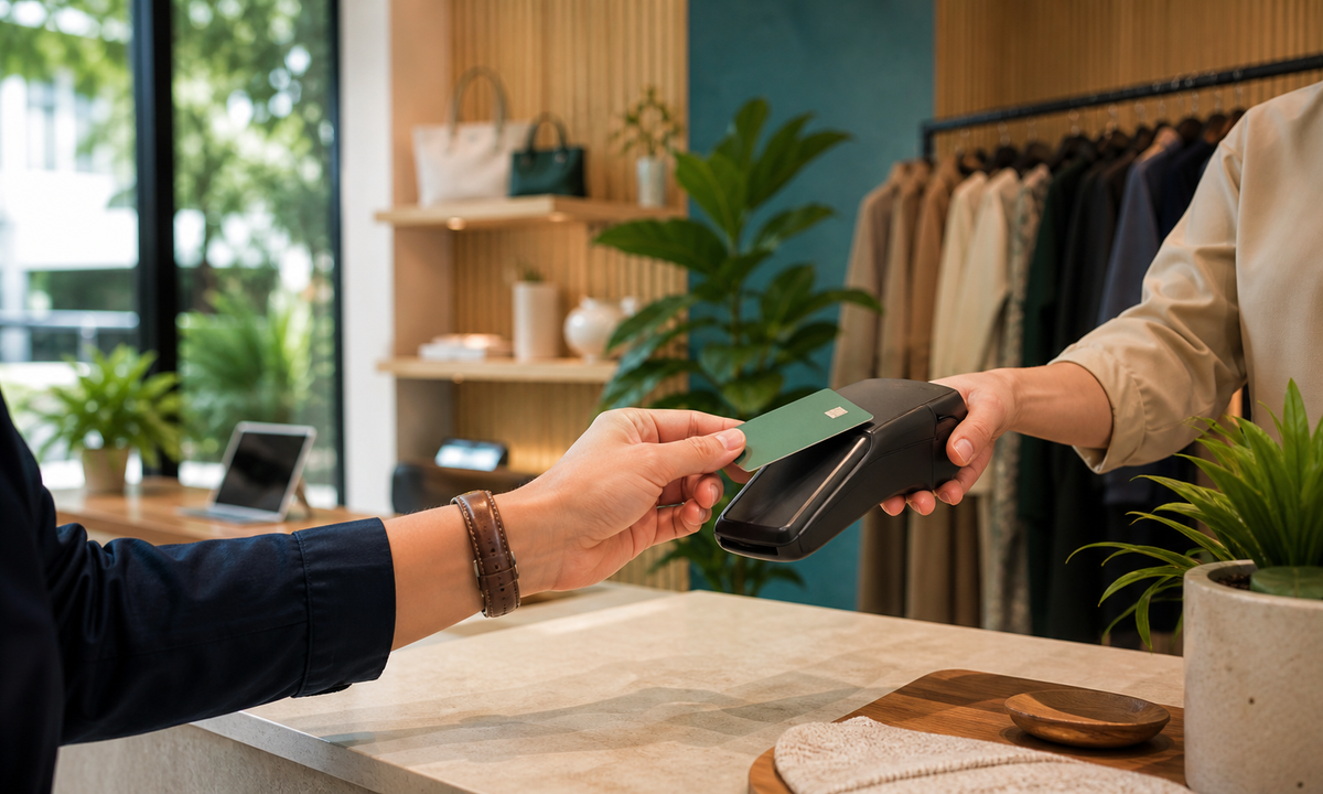 Contactless payment acceptance at a regional retail counter.
