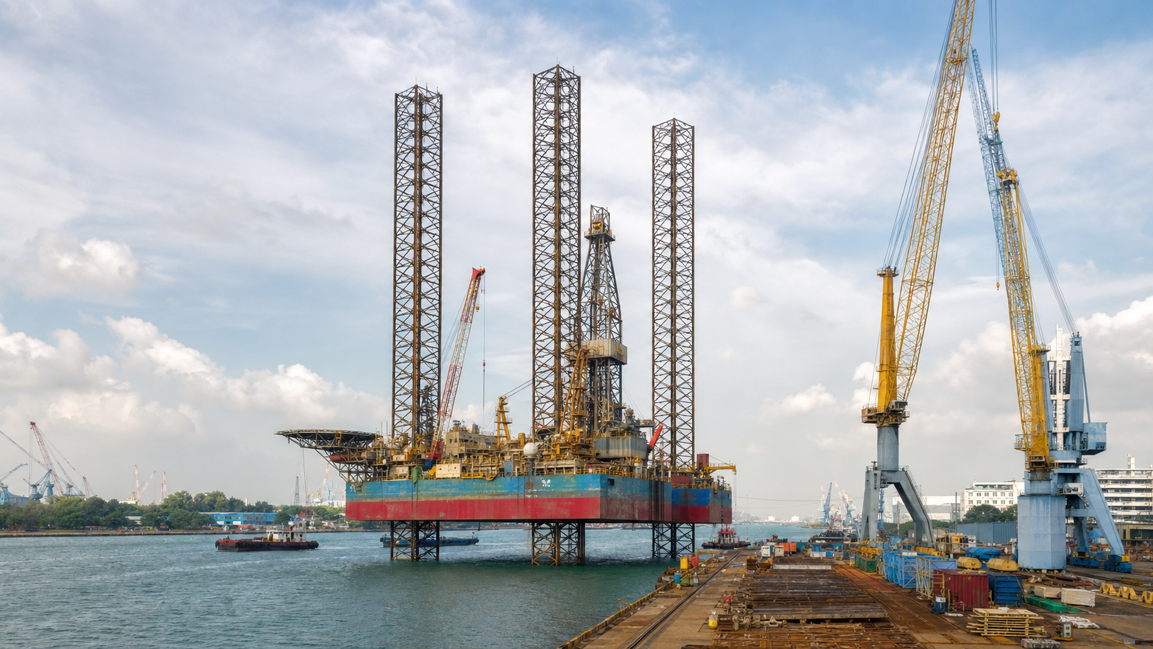 Jack-up offshore rig alongside cranes and service vessels at a Southeast Asian shipyard.