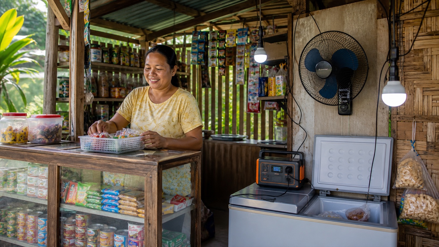 Illustrative scene of a Philippine neighborhood shop using practical solar appliances.