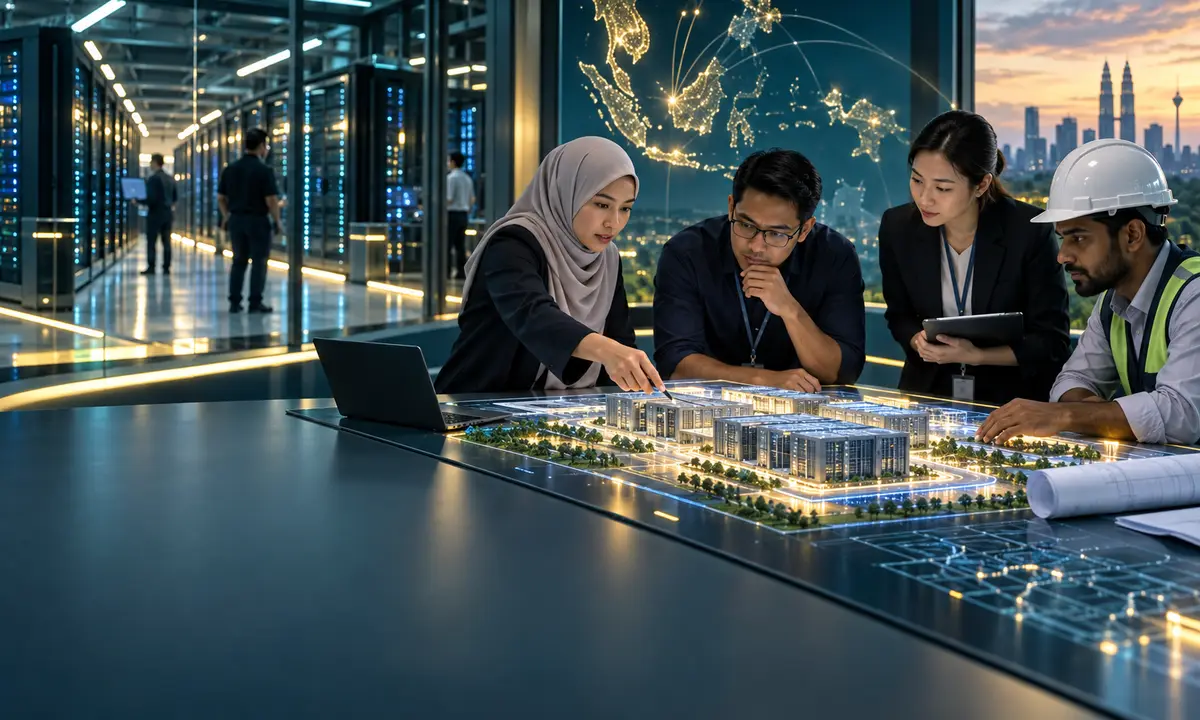 Engineers review plans for a Malaysian AI data-centre campus.