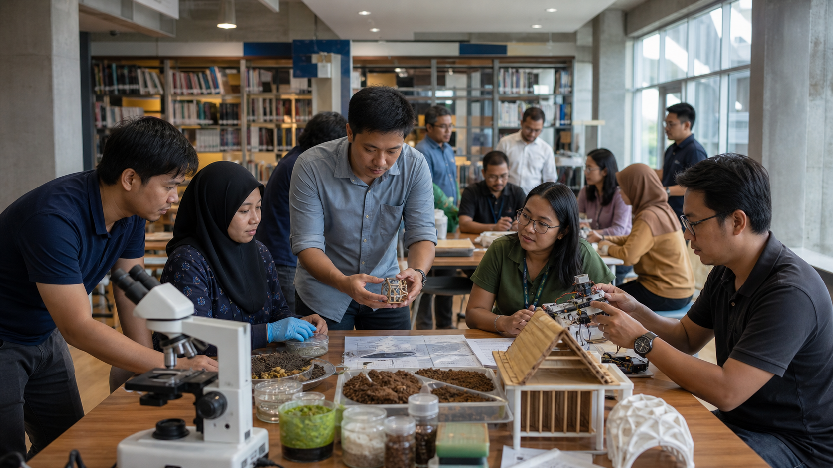 Editorial raster image of regional researchers collaborating around prototypes.