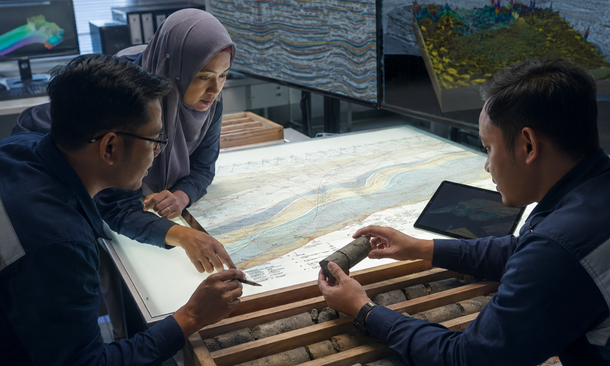 Malaysian geoscientists compare rock-core evidence with digital subsurface analysis in an unbranded interpretation room.