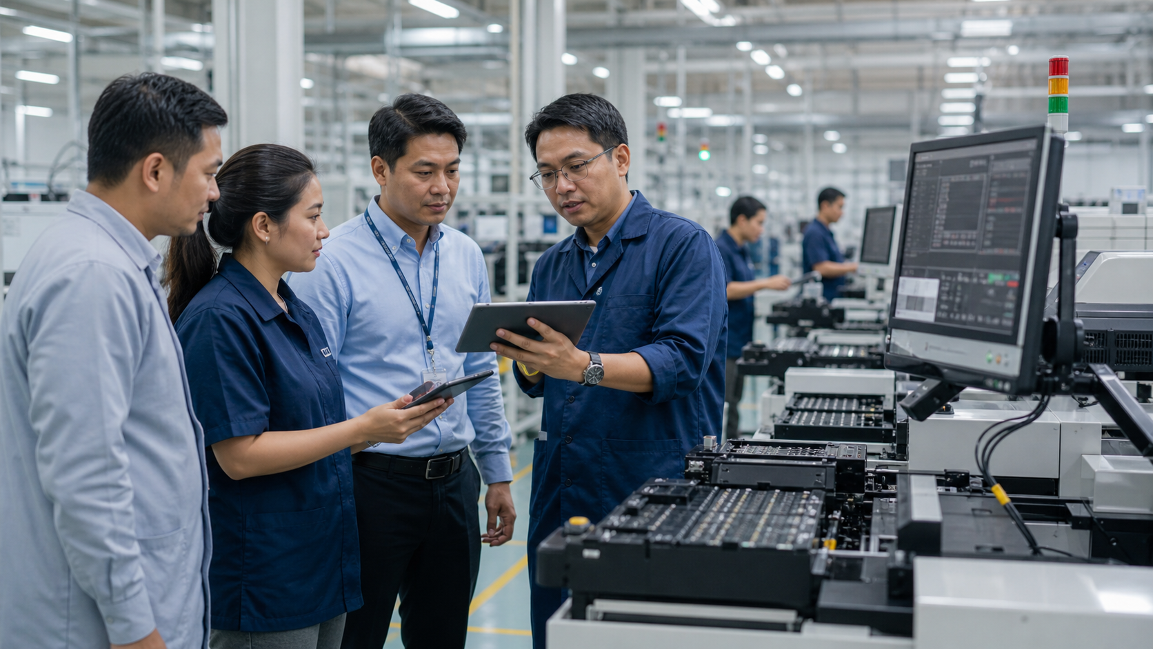 AI-generated editorial illustration of engineers reviewing electronics manufacturing operations in the Philippines