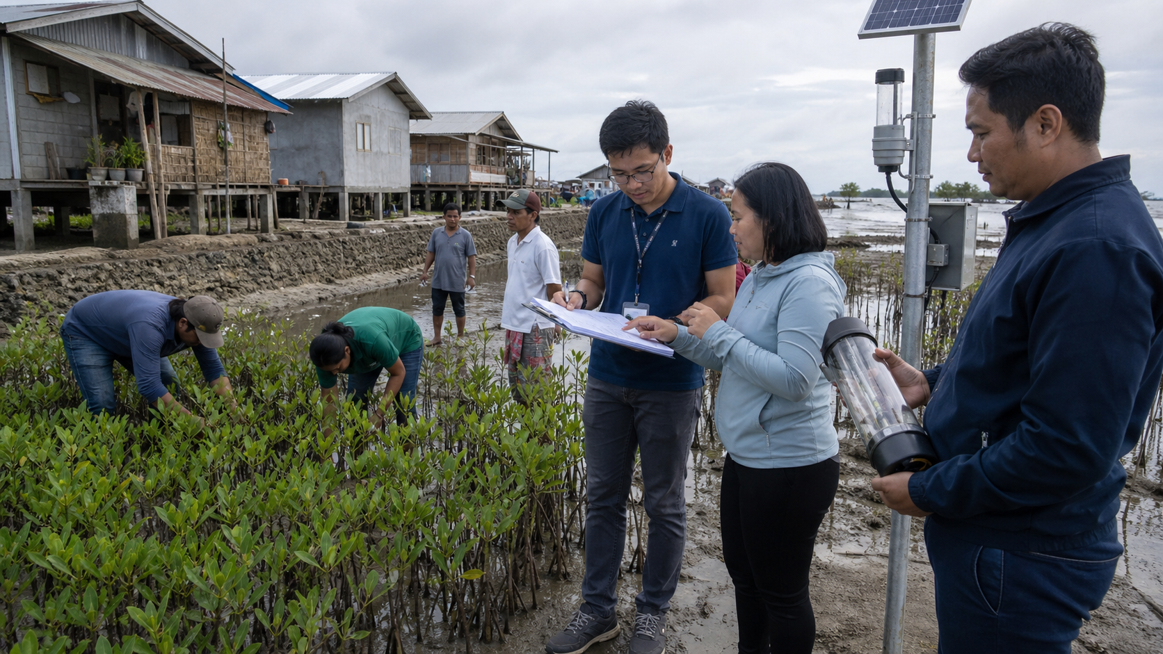 Editorial raster image of climate-resilience planning for community infrastructure.