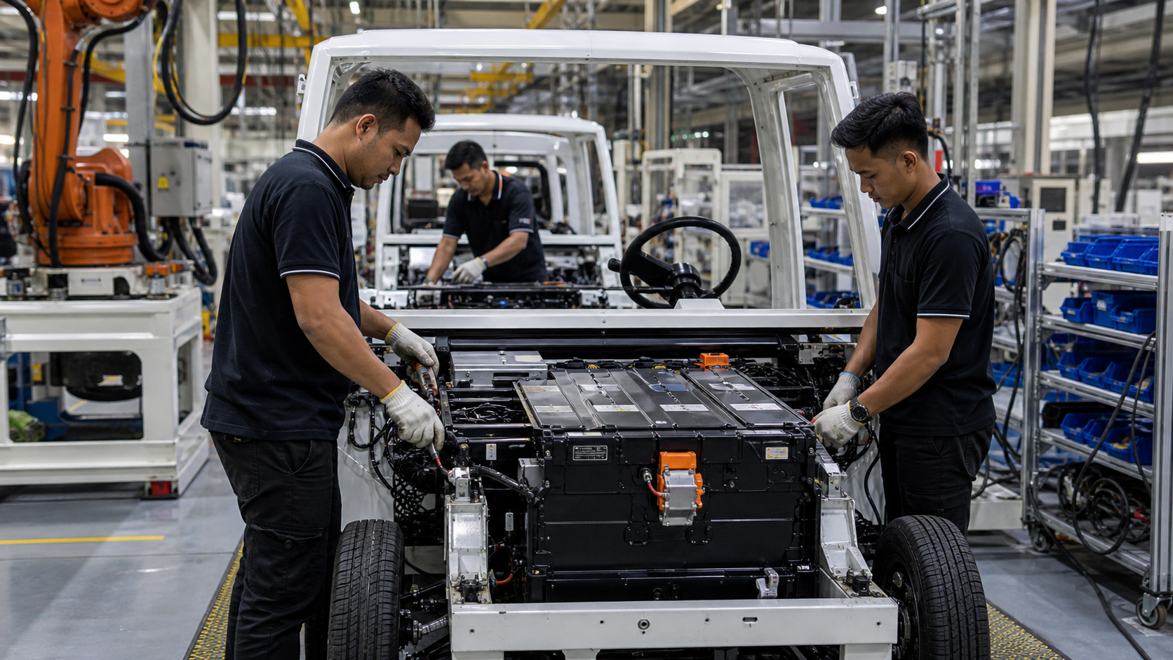 Editorial raster image of electric vehicle assembly linked to industrial policy.