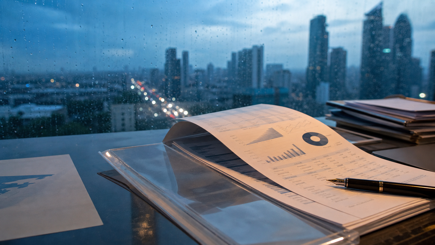 Editorial illustration of financial-report documents in a Philippine financial-district setting.