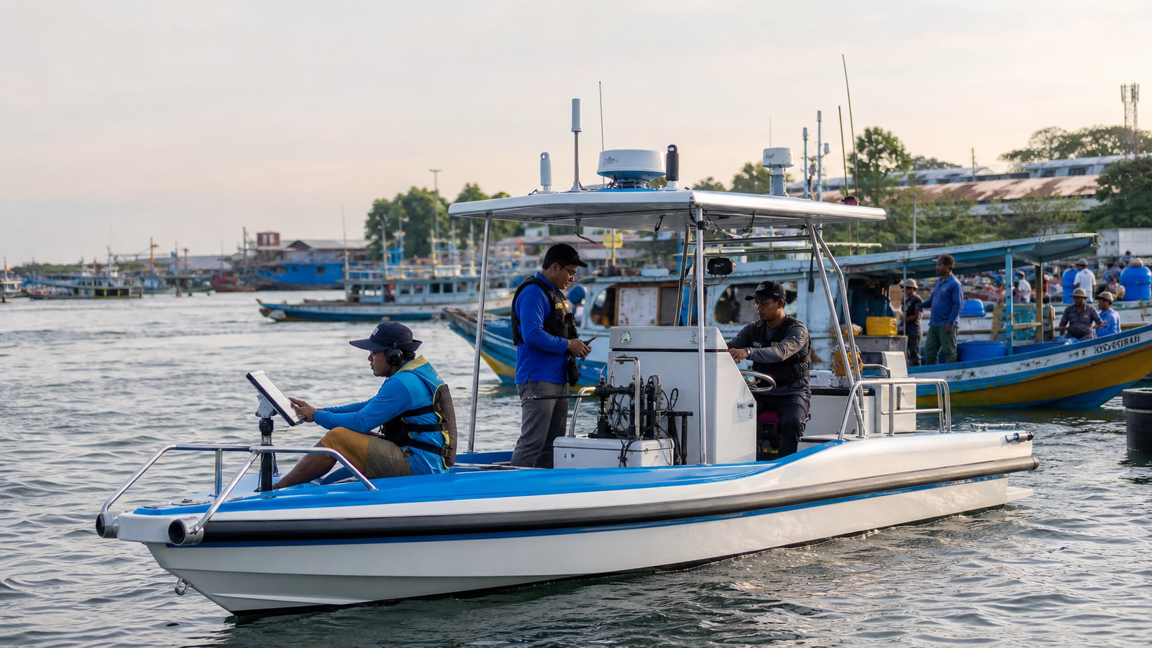 Editorial raster image of engineers reviewing a local coastal vessel innovation.