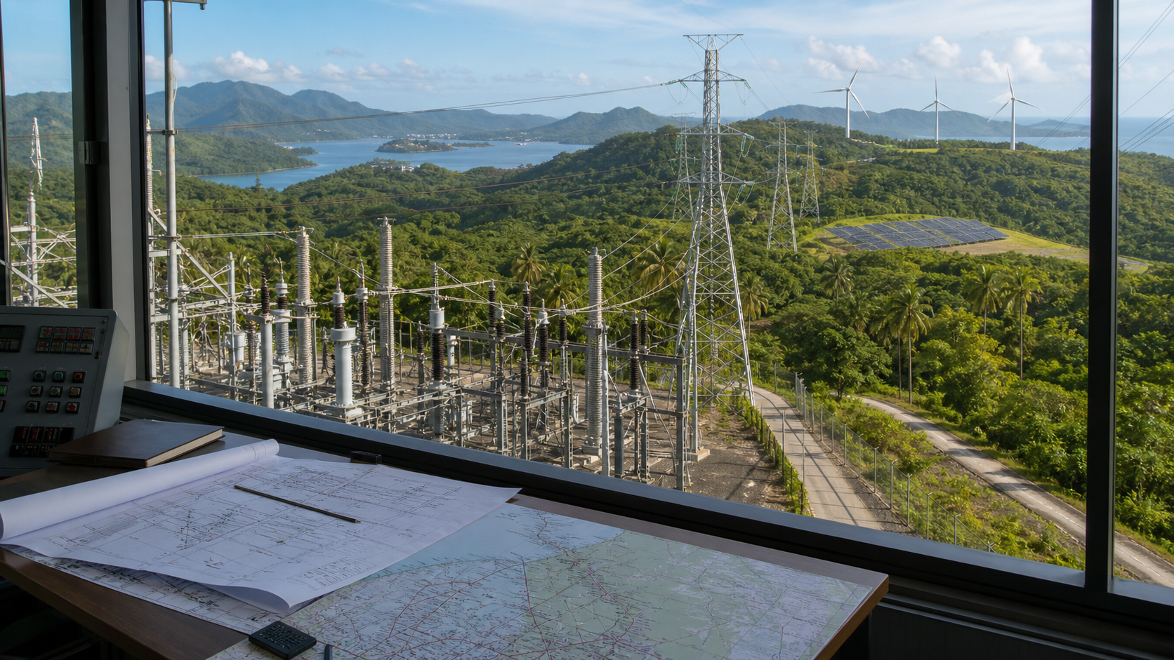 Editorial illustration of an electricity substation, transmission lines and renewable-energy landscape in the Philippines.