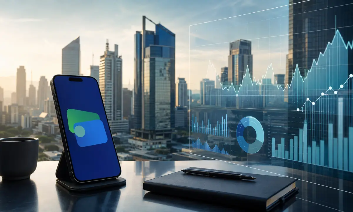 A mobile-payment device and abstract market charts overlook a Philippine business district.