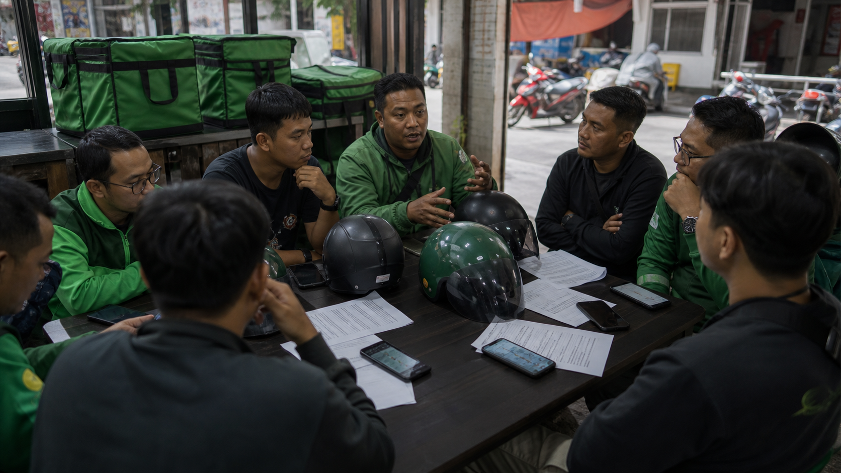 Delivery riders sit around a table with helmets and consultation material during a platform-work transition discussion.