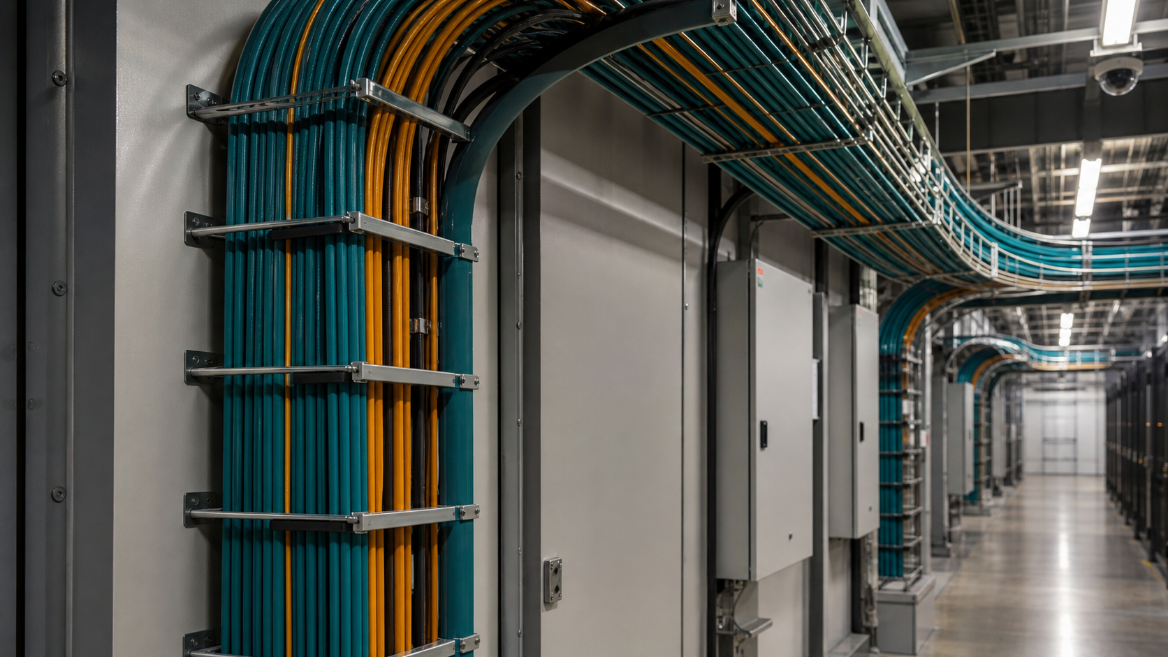 Colour-coded fibre cable routes and infrastructure access panels inside a technical service corridor.