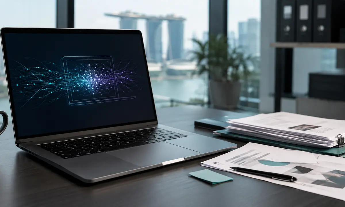 An unbranded laptop processes an abstract AI workflow locally beside confidential business documents in Singapore.