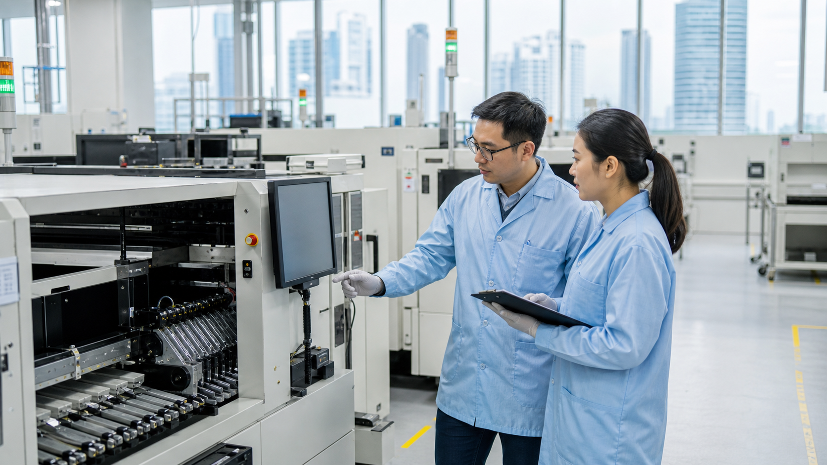 Engineers reviewing precision electronics manufacturing equipment in Singapore.