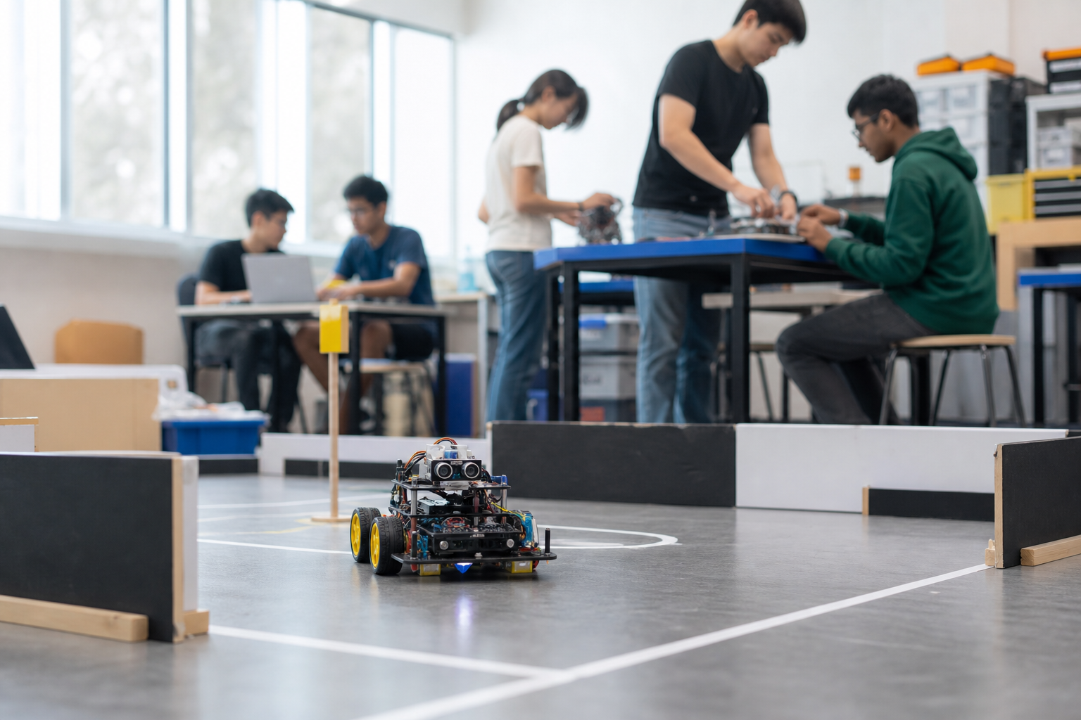 Students test a small ground robot on an obstacle course in a Singapore innovation lab.