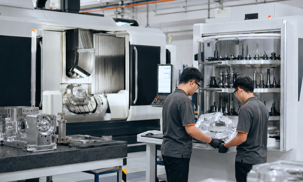 Precision-engineering technicians inspect a machined component beside automated CNC equipment in an unbranded Penang facility.