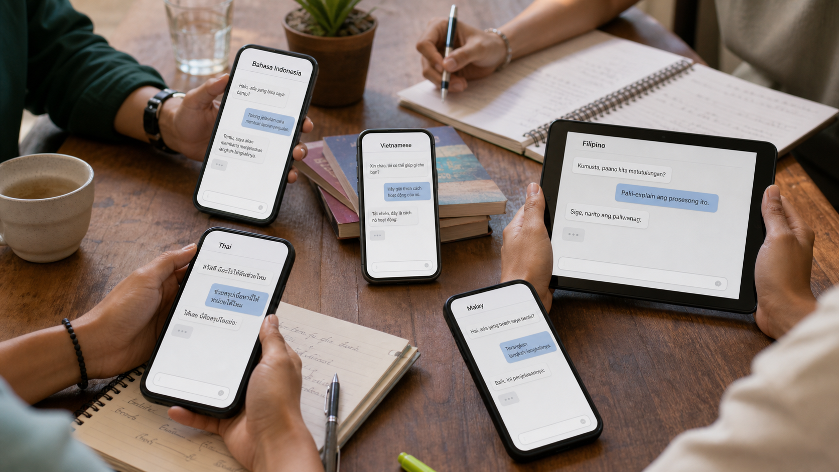 Mobile AI interfaces shown with Southeast Asian language prompts in a working and learning context.
