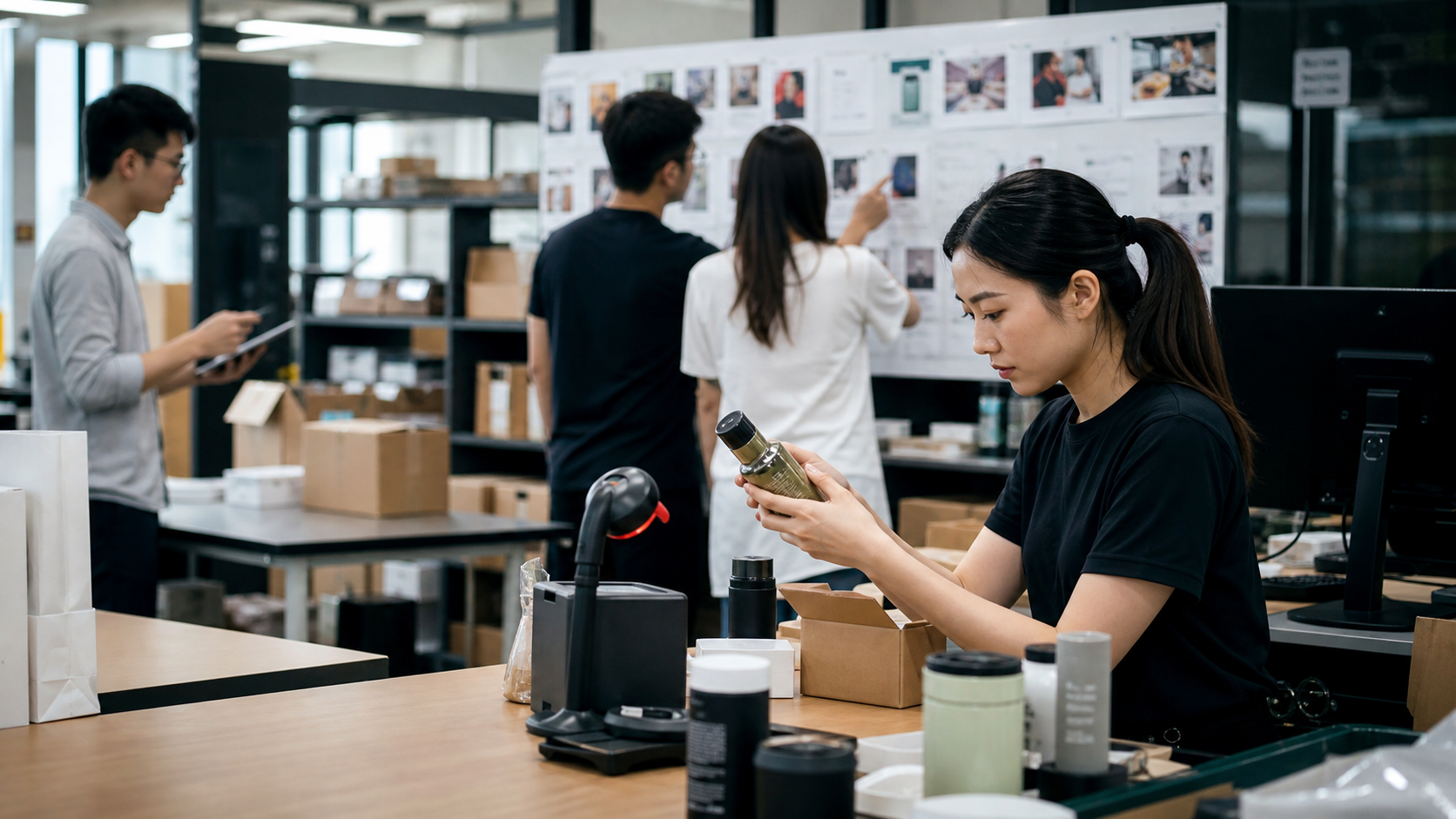 Commerce operations staff review product workflows and fulfilment material in a digital commerce studio.
