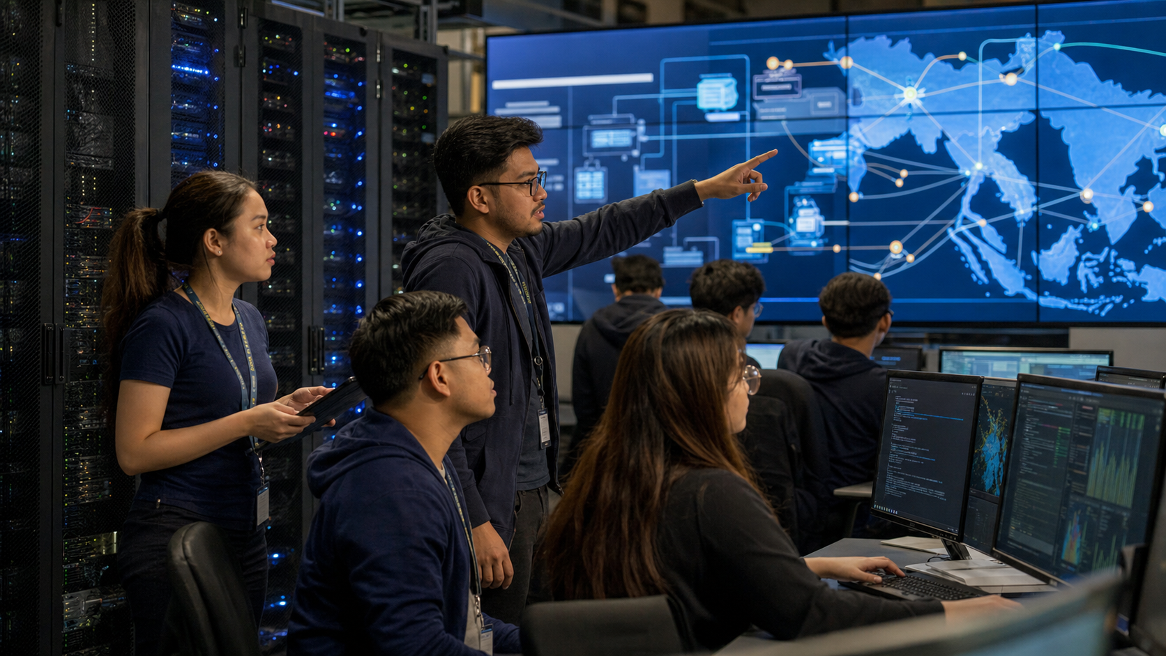 Southeast Asian AI operations specialists reviewing a regional production system.
