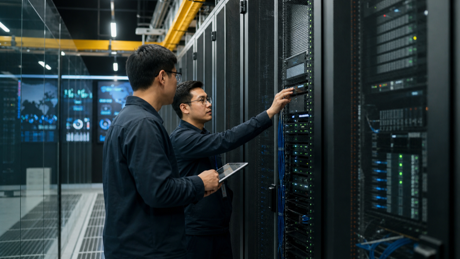 Cloud security engineers inspect database and network infrastructure inside a data centre.
