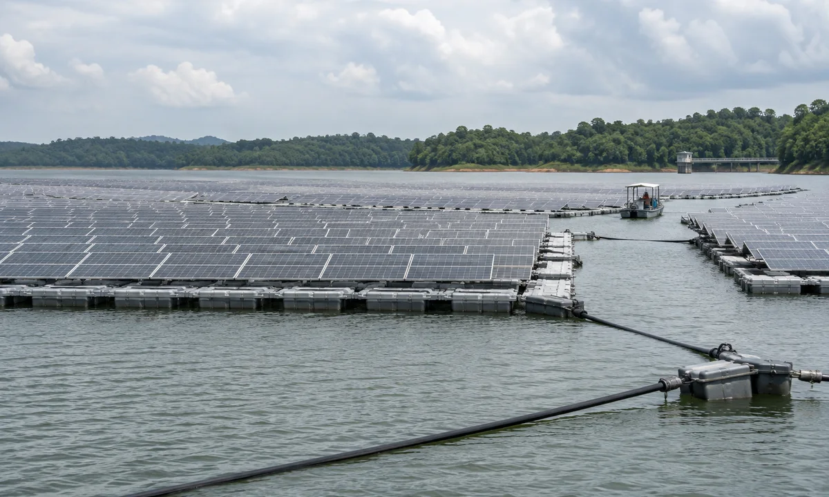 Rows of floating solar panels sit on a tropical reservoir with a maintenance boat and visible mooring lines.