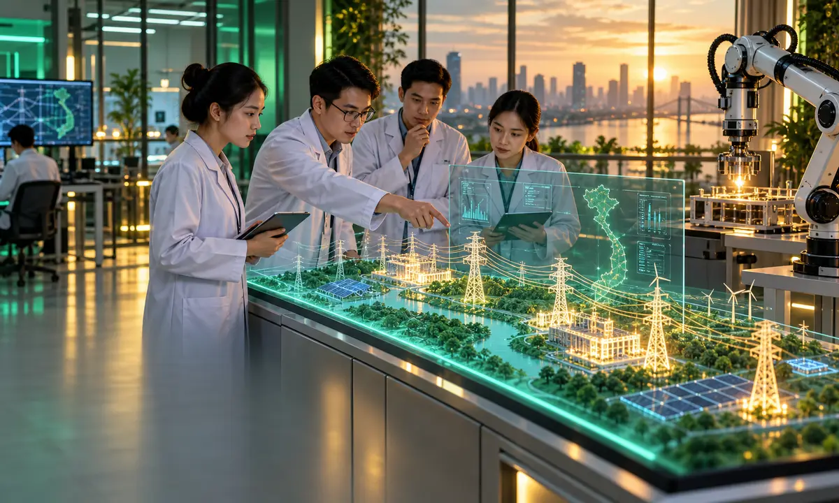 Vietnamese engineers review a digital power-grid model beside an industrial robot prototype.