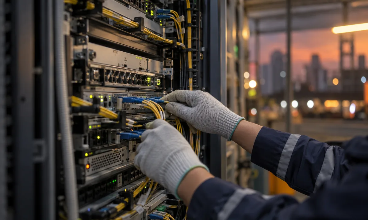 A technician connects fibre cabling inside a telecommunications network rack.