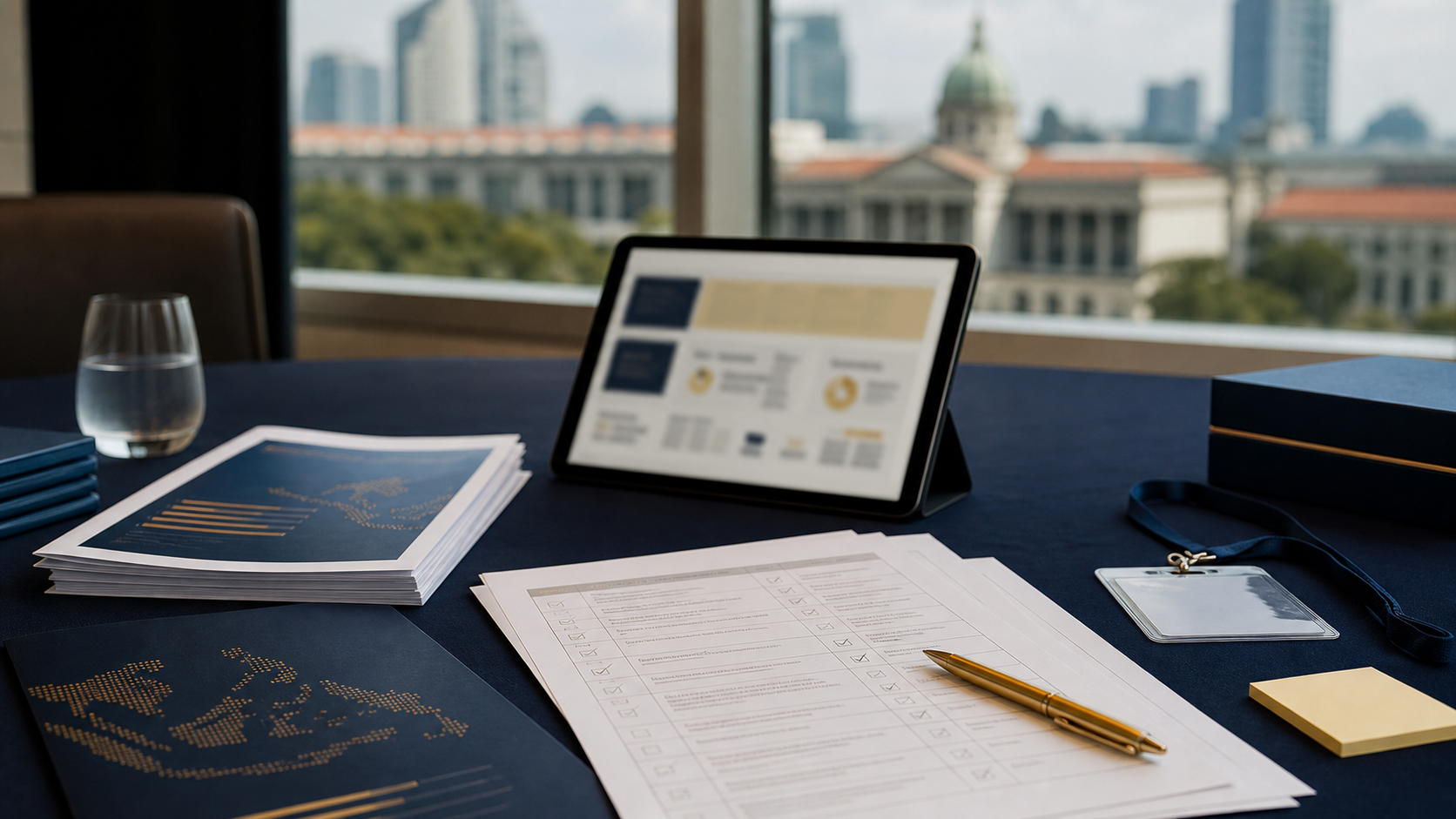 Policy documents and regional technology briefing materials on a meeting table.