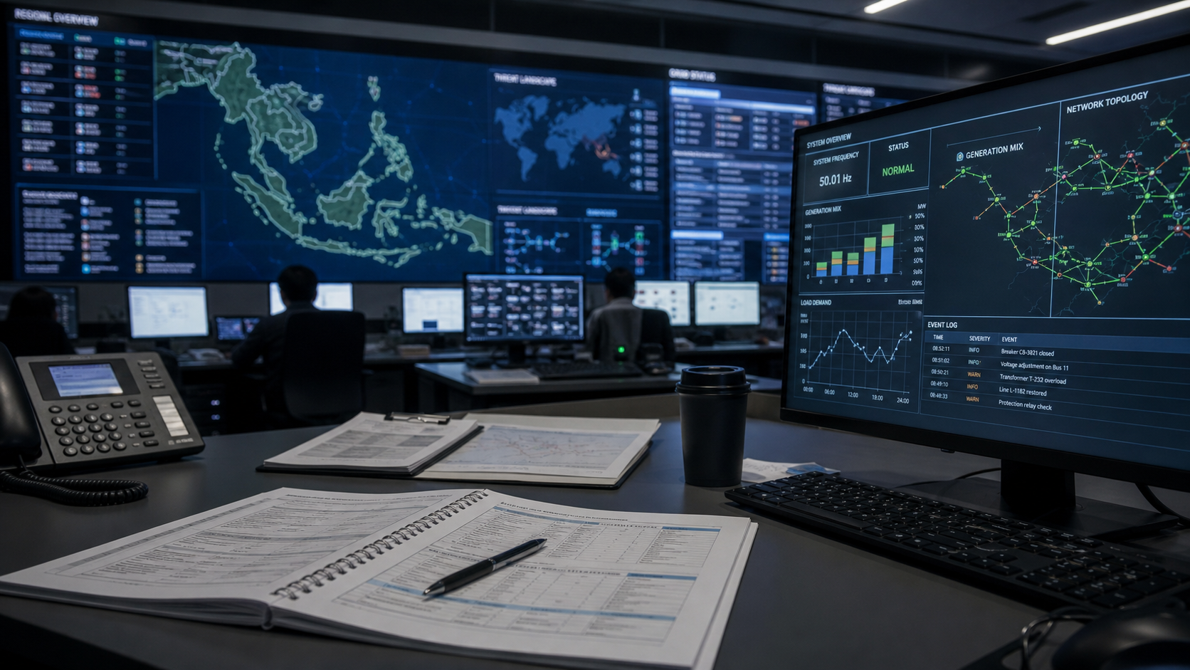 Infrastructure operations room with regional risk map and document review desk.